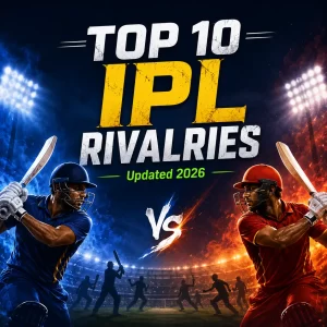 Dramatic IPL rivalry poster featuring two opposing cricketers in blue and red kits facing off with bats raised under stadium floodlights. The graphic highlights the “Top 10 IPL Rivalries – Updated 2026” ranking, symbolizing iconic clashes such as MI vs CSK, CSK vs RCB, and RCB vs KKR that have defined IPL history.