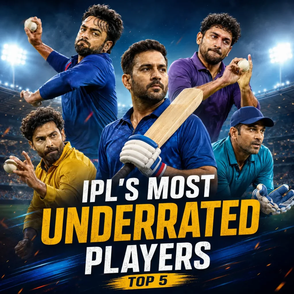 Promotional graphic featuring five IPL cricketers identified as some of the most underrated players in IPL history, with a central batter holding a bat and bowlers positioned around him under stadium floodlights. The image highlights a Top 5 ranking of overlooked IPL performers including Sandeep Sharma, Piyush Chawla, Ambati Rayudu, Amit Mishra, and Robin Uthappa.