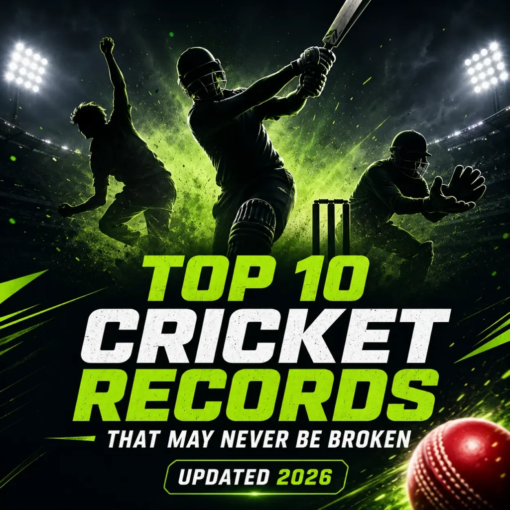 Top 10 cricket records that may never be broken, featuring iconic milestones such as Sachin Tendulkar’s 100 international centuries, Muttiah Muralitharan’s 800 Test wickets, Don Bradman’s 99.94 Test average, Brian Lara’s 400*, Rohit Sharma’s 264 ODI runs, and MS Dhoni’s wicketkeeping records. Cricket-themed graphic with batting, bowling, and wicketkeeping silhouettes in a stadium setting.