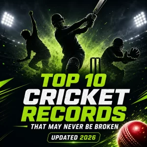 Top 10 cricket records that may never be broken, featuring iconic milestones such as Sachin Tendulkar’s 100 international centuries, Muttiah Muralitharan’s 800 Test wickets, Don Bradman’s 99.94 Test average, Brian Lara’s 400*, Rohit Sharma’s 264 ODI runs, and MS Dhoni’s wicketkeeping records. Cricket-themed graphic with batting, bowling, and wicketkeeping silhouettes in a stadium setting.