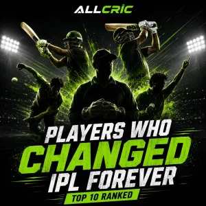 Top 10 players who changed the IPL forever ranked, featuring iconic IPL legends known for transforming the tournament through leadership, batting innovation, power-hitting, death bowling, and match-winning performances. The image highlights the greatest IPL game-changers, including captains, batters, bowlers, and all-rounders who shaped the evolution of the Indian Premier League into the world's biggest T20 competition.
