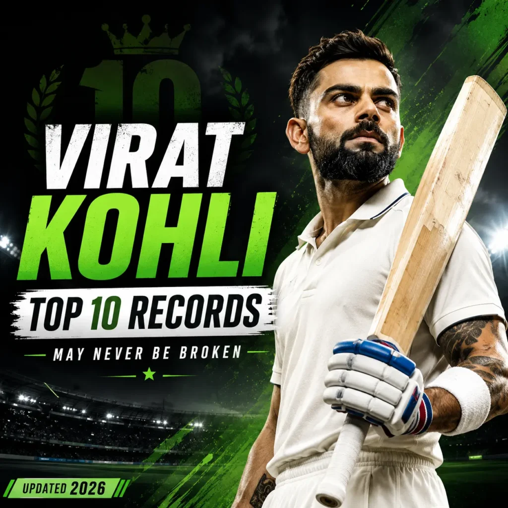 Virat Kohli Top 10 Records That May Never Be Broken infographic featuring the Indian cricket legend holding a bat in a stadium. Highlights Virat Kohli’s greatest cricket achievements, including most ODI centuries, fastest ODI run milestones, IPL records, T20 World Cup records, and India's most successful Test captaincy achievements.