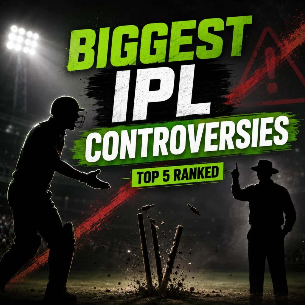 Biggest IPL Controversies infographic featuring a cricketer arguing with an umpire beside broken stumps under stadium lights. The graphic highlights the Top 5 ranked IPL controversies, including the 2013 spot-fixing scandal, Harbhajan-Sreesanth slapgate, Ashwin’s Mankad dismissal of Buttler, Dhoni’s on-field confrontation with umpires, and the Kohli-Gambhir-Naveen altercation.