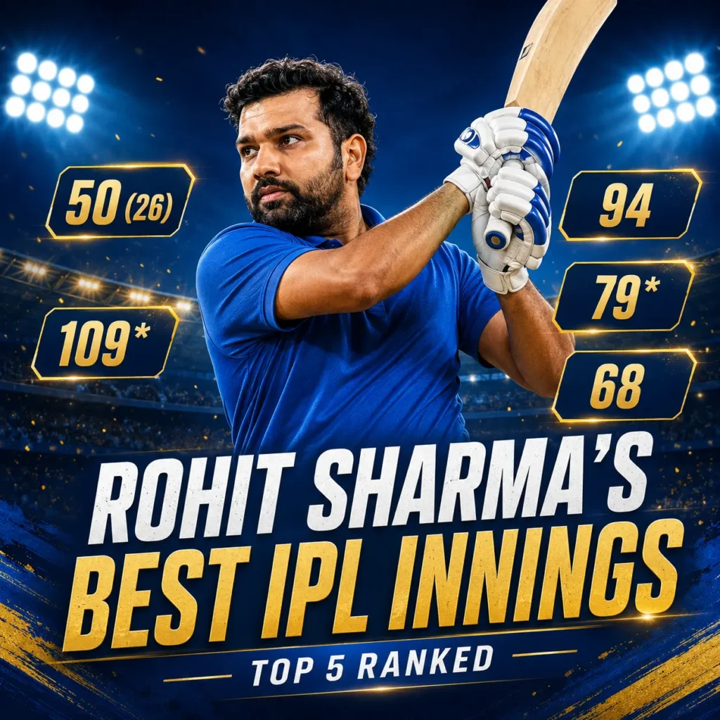 Rohit Sharma batting in a Mumbai Indians jersey with scores of 50 (26), 109*, 94, 79*, and 68 displayed around him in a graphic titled “Rohit Sharma’s Best IPL Innings – Top 5 Ranked.” The image highlights his greatest IPL knocks, including his match-winning 50 in the 2015 final and unbeaten 109 against Kolkata Knight Riders.