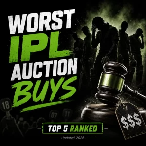 Worst IPL auction buys in history ranked, featuring the top 5 most expensive IPL signings who failed to justify their price tags. The graphic highlights costly auction mistakes, including players impacted by injuries, poor form, adaptation struggles, and underwhelming performances despite massive franchise investments.