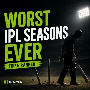 Worst IPL seasons ever ranked graphic featuring a dejected batsman walking away from broken stumps under floodlights. The image highlights Delhi Daredevils' 2014 campaign as the No. 1 worst IPL season, based on win percentage, points per match, and net run rate in IPL history.