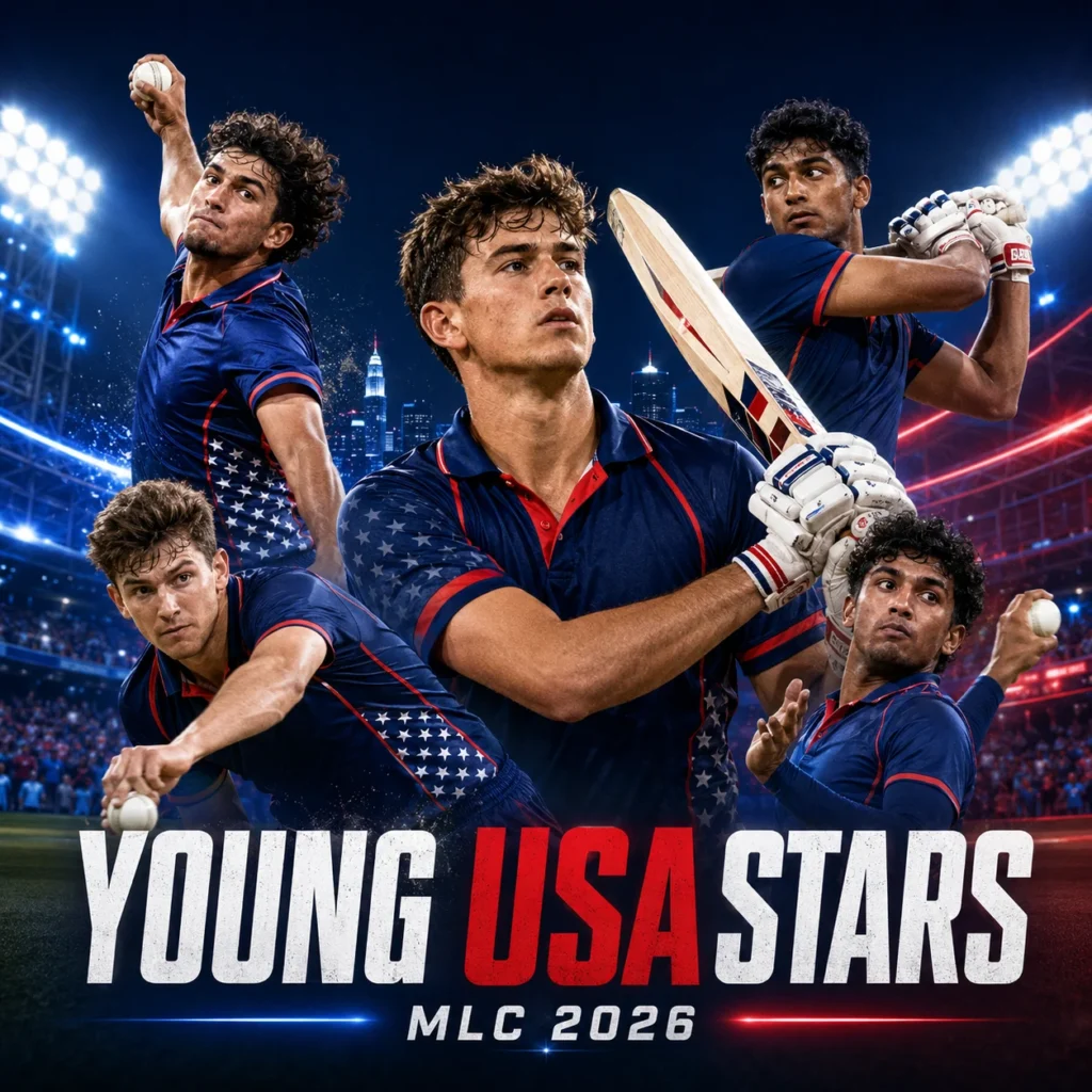 Young USA stars in MLC 2026 featuring emerging American cricketers expected to shine in Major League Cricket 2026, highlighting the next generation of USA talent including Rushil Ugarkar, Sanjay Krishnamurthi, Saiteja Mukkamalla, Ayan Desai, and Yasir Mohammad.