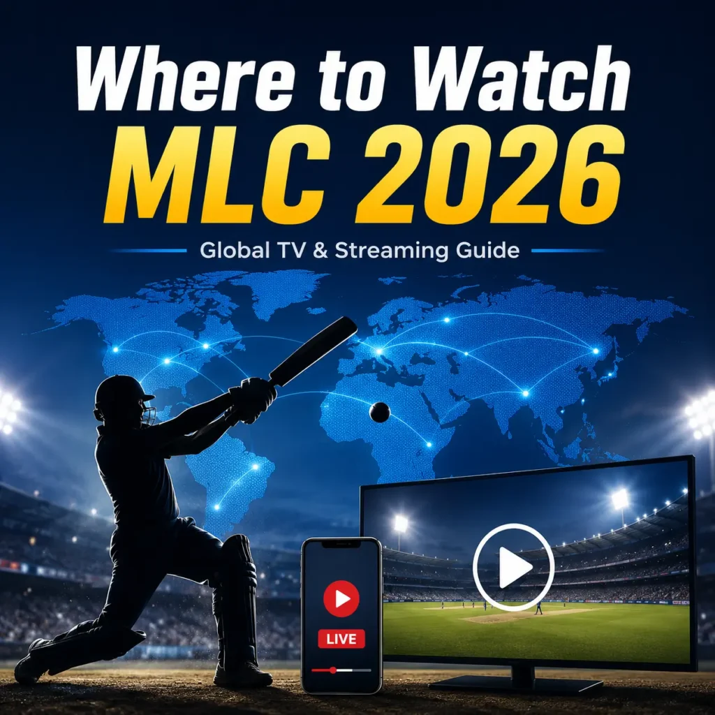 Where to Watch MLC 2026 global TV and streaming guide graphic featuring live coverage options across the USA, India, UK, Australia, and other regions, with mobile and TV streaming illustrations for Major League Cricket 2026.