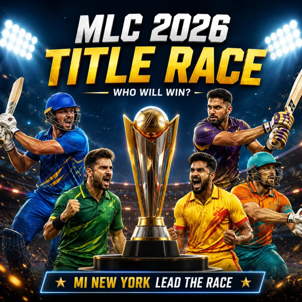 MLC 2026 title race graphic featuring MI New York, Los Angeles Knight Riders, Texas Super Kings, Washington Freedom, Seattle Orcas, and San Francisco Unicorns, highlighting the top contenders to win the Major League Cricket 2026 championship.