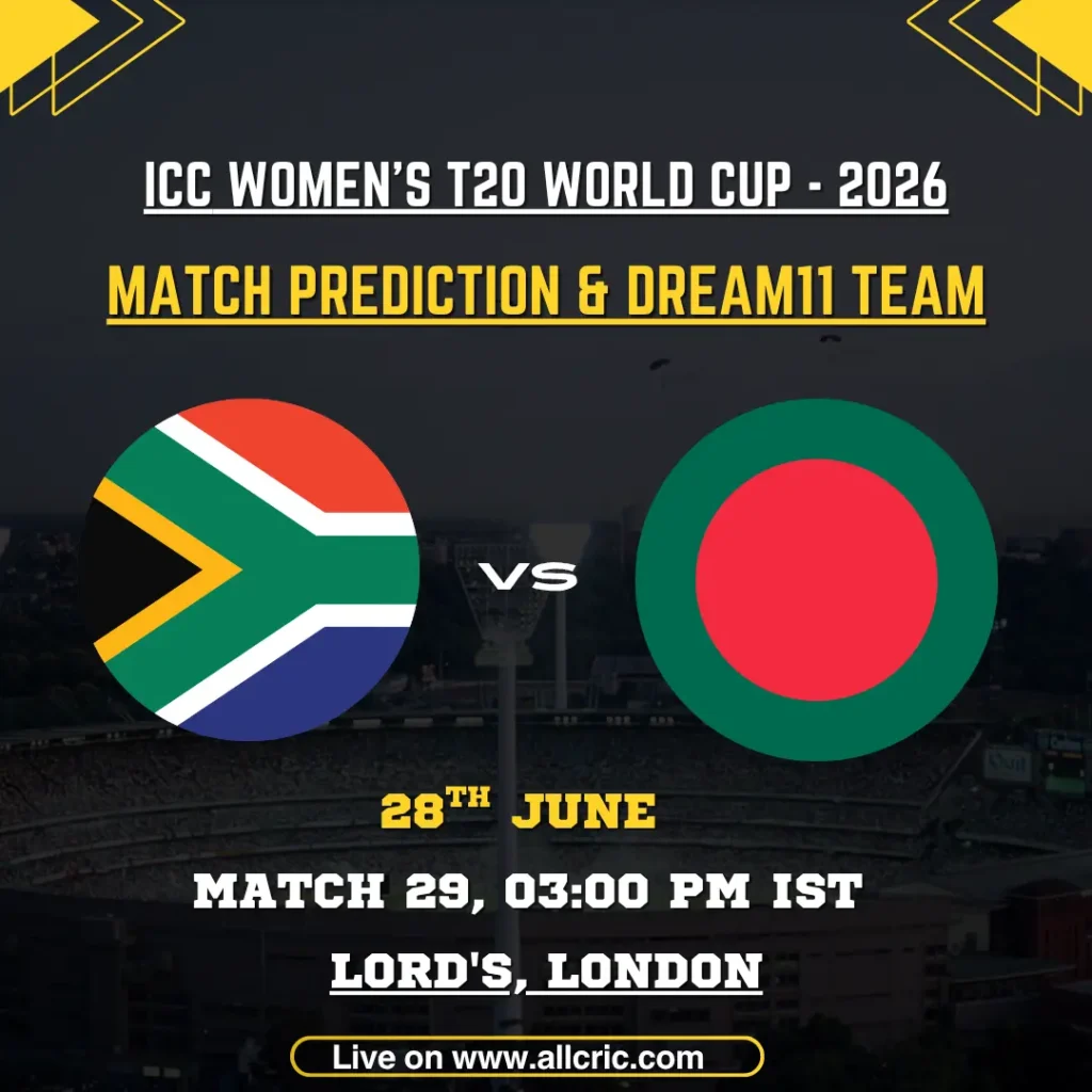 South Africa Women vs Bangladesh Women Dream11 prediction today match for ICC Women’s T20 World Cup 2026 at Lord’s, London, featuring SA-W vs BAN-W match prediction, fantasy team tips, pitch report, and captain picks.