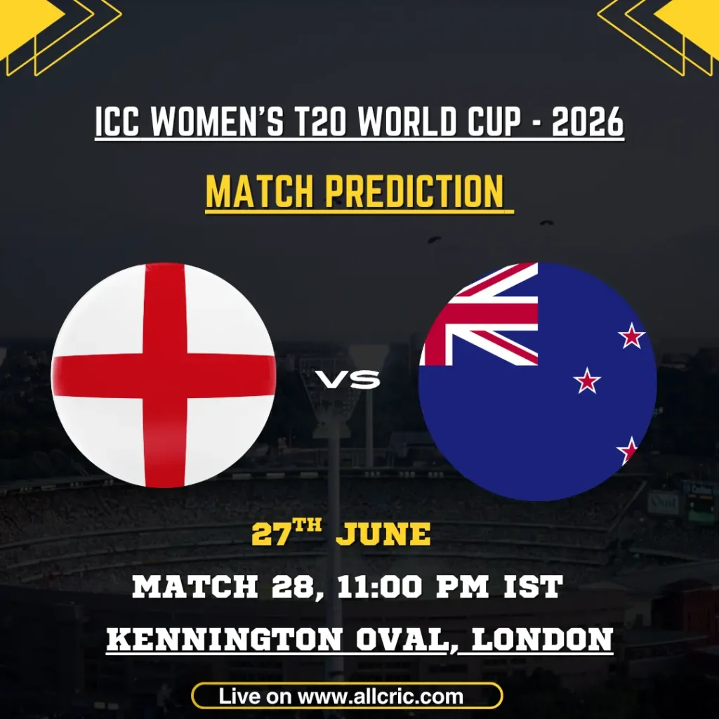 England Women vs New Zealand Women match prediction graphic for ICC Women’s T20 World Cup 2026 at The Oval, featuring key players Sophie Devine, Danni Wyatt-Hodge, and Sophie Ecclestone, with pitch report, toss prediction, and Dream11 fantasy tips highlighting ENG-W vs NZ-W today match prediction and win analysis.