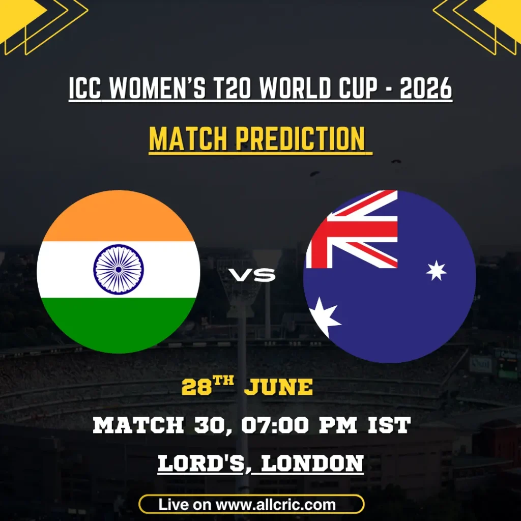 IND-W vs AUS-W today match prediction for the ICC Women’s T20 World Cup 2026 at Lord’s, London, featuring India Women vs Australia Women match prediction, Lord’s pitch report, toss prediction, expected score, and winning prediction.