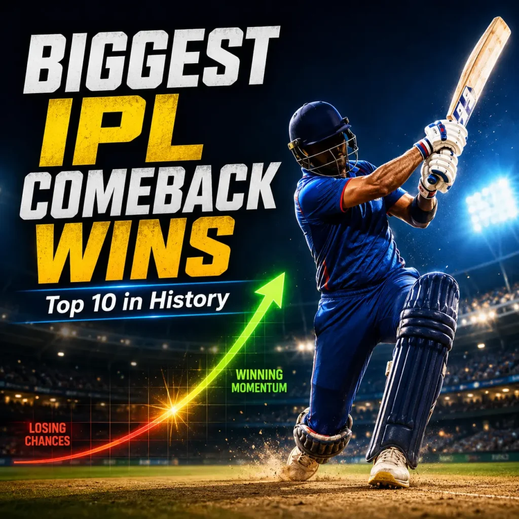 Biggest IPL comeback wins in history featuring the top 10 greatest turnarounds, including Punjab Kings' record 265-run chase in IPL 2026, with a batter playing a match-winning shot and a rising win-probability graph symbolizing momentum shifts.