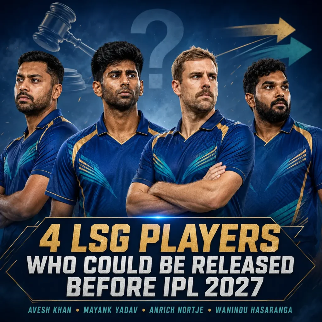 LSG released players 2027 graphic featuring Avesh Khan, Mayank Yadav, Anrich Nortje, and Wanindu Hasaranga as potential Lucknow Super Giants releases before the IPL 2027 auction.