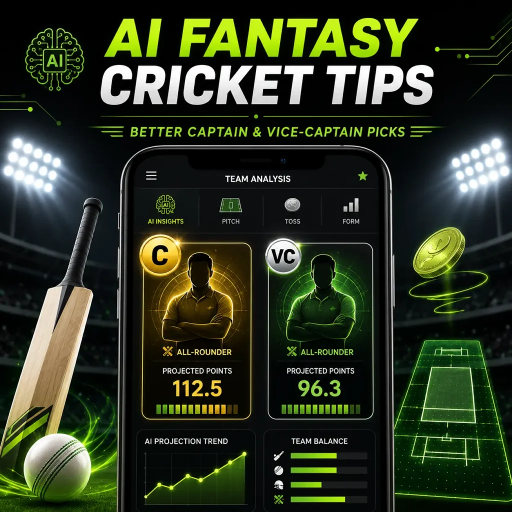 AI fantasy cricket tips for better captain and vice-captain picks using player form, pitch conditions, toss data and projected fantasy points.