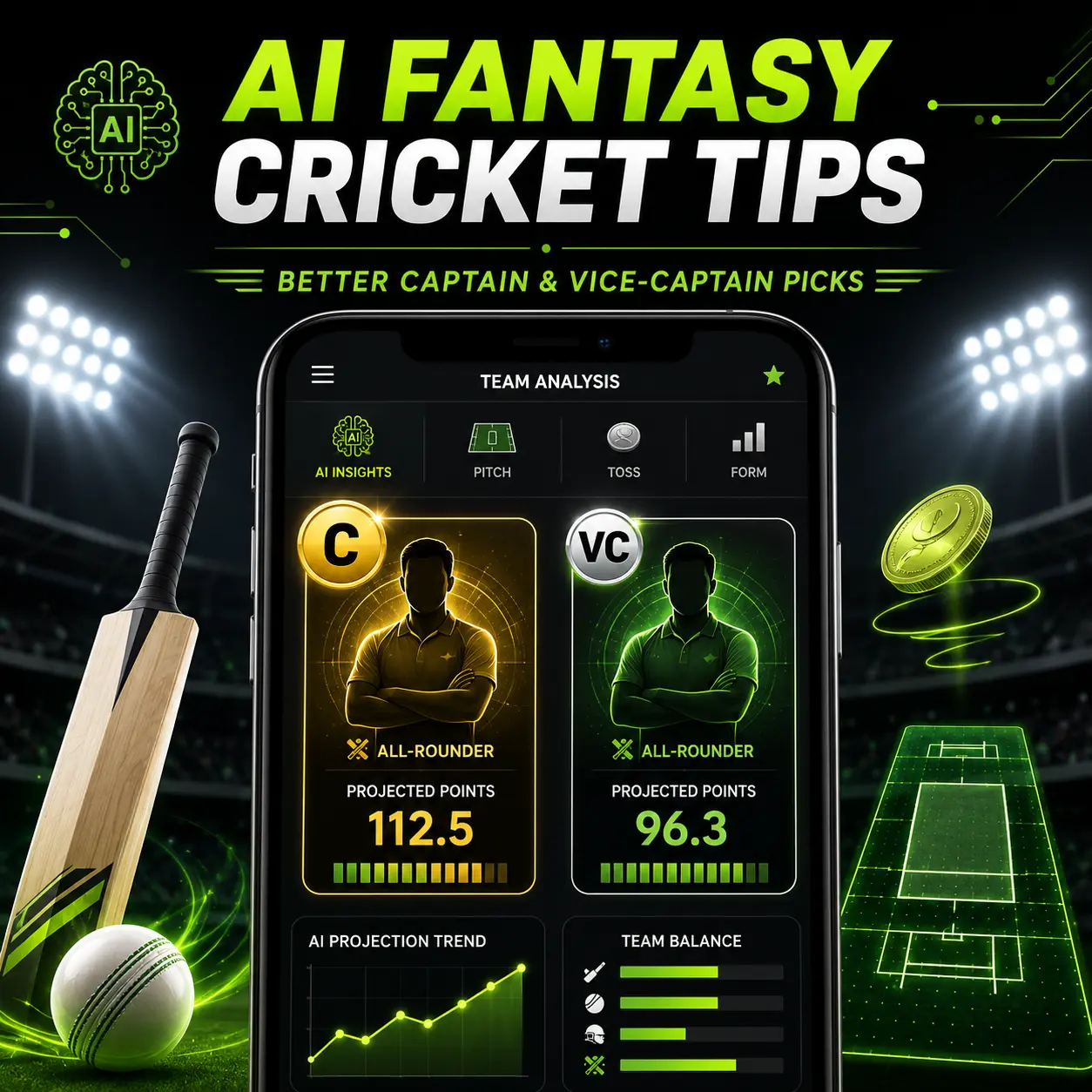 AI fantasy cricket tips for better captain and vice-captain picks using player form, pitch conditions, toss data and projected fantasy points.