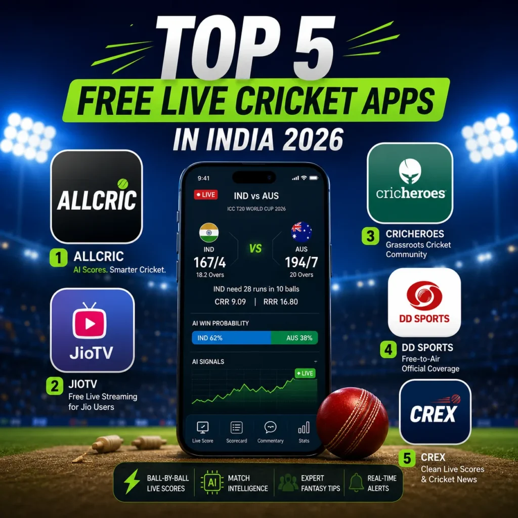Top 5 free live cricket apps in India 2026 featuring AllCric, JioTV, CricHeroes, DD Sports, and CREX, highlighting free live scores, AI cricket insights, live streaming, fantasy tips, and real-time match updates.