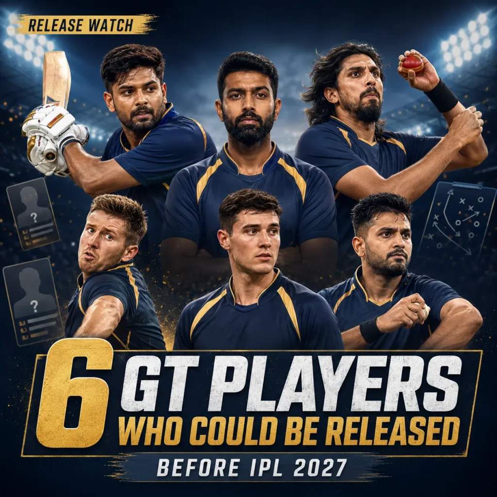 6 GT players who could be released before IPL 2027 featuring Gujarat Titans squad members including M Shahrukh Khan, Ishant Sharma, Luke Wood, Jayant Yadav, Tom Banton, and Kulwant Khejroliya with IPL 2026 performance analysis and release predictions.