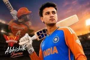 Abhishek Sharma holding a cricket bat in India’s T20I jersey, with a Sunrisers Hyderabad batting image and team logo in the background.