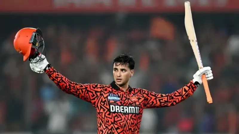 Abhishek Sharma celebrating a batting milestone for Sunrisers Hyderabad in the IPL