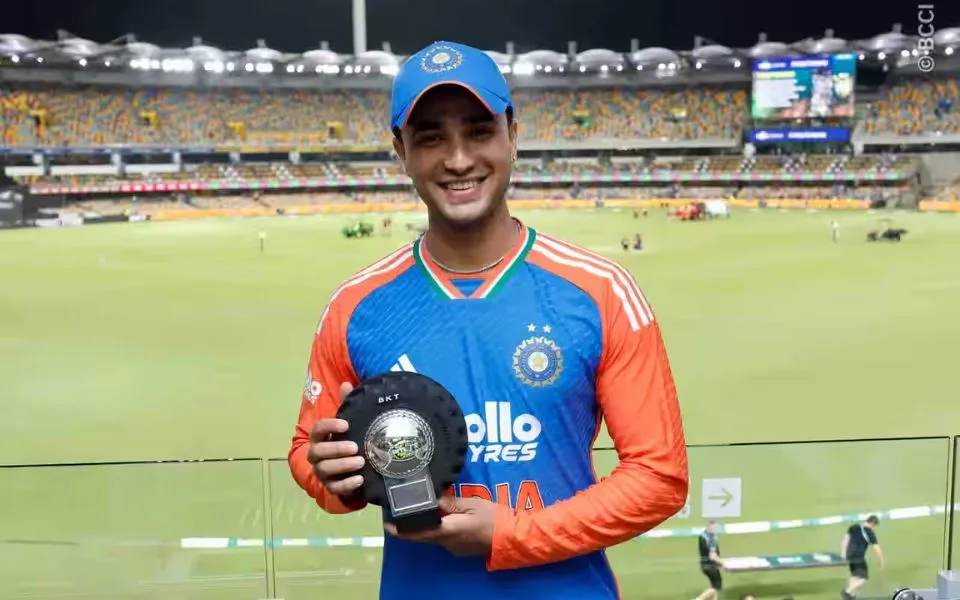 Abhishek Sharma holding a match award while representing India in T20 international cricket