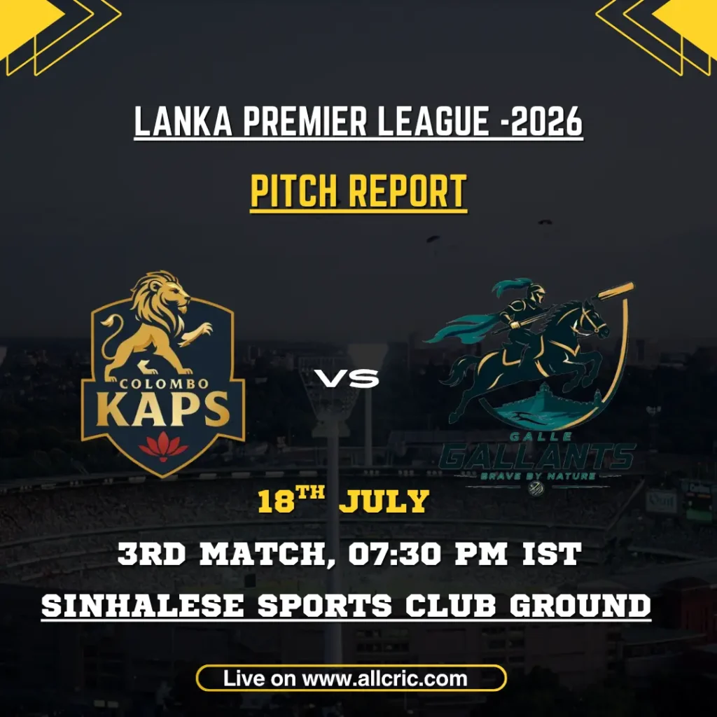 CK vs GG pitch report today graphic for Colombo Kaps vs Galle Gallants at Sinhalese Sports Club Ground, Colombo in LPL 2026.