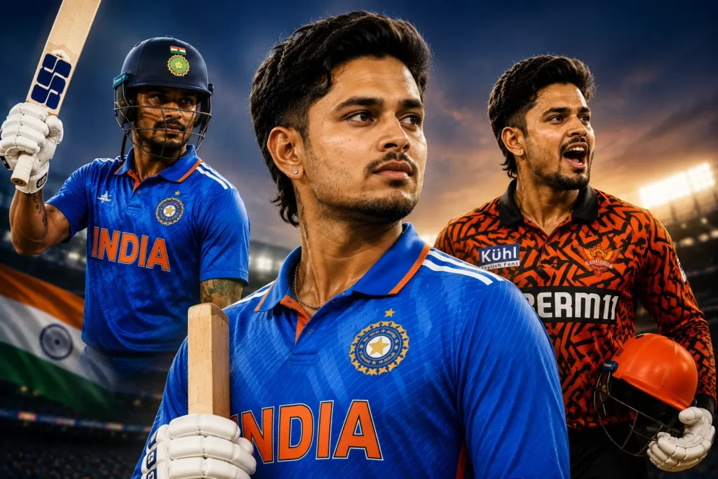 Digital illustration for Ishan Kishan biography showing the wicketkeeper-batter in India and Sunrisers Hyderabad kits holding a cricket bat