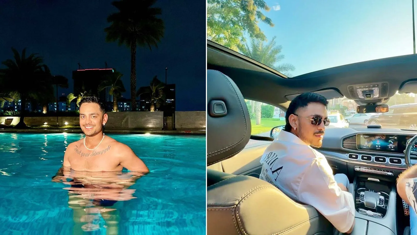 Ishan Kishan lifestyle collage featuring a swimming pool and luxury car interior
