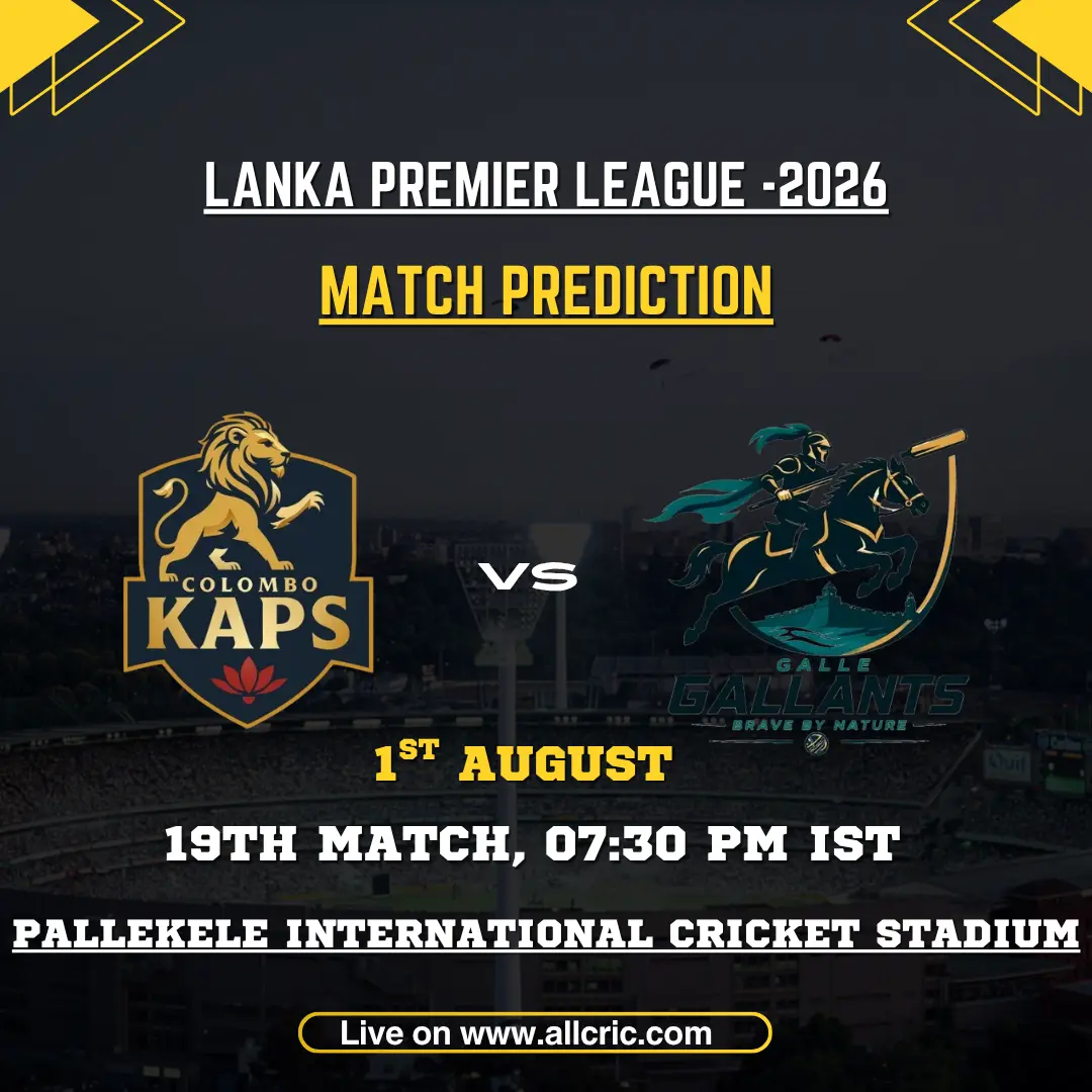 CK vs GG today match prediction graphic featuring Colombo Kaps and Galle Gallants for LPL 2026 Match 19 at Pallekele.