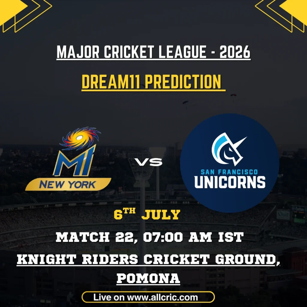 MINY vs SFU Dream11 prediction today match graphic for MLC 2026 Match 22 featuring MI New York vs San Francisco Unicorns at Knight Riders Cricket Ground, Pomona, with Dream11 fantasy tips, team prediction, captain and vice-captain picks.
