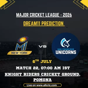 MINY vs SFU Dream11 prediction today match graphic for MLC 2026 Match 22 featuring MI New York vs San Francisco Unicorns at Knight Riders Cricket Ground, Pomona, with Dream11 fantasy tips, team prediction, captain and vice-captain picks.