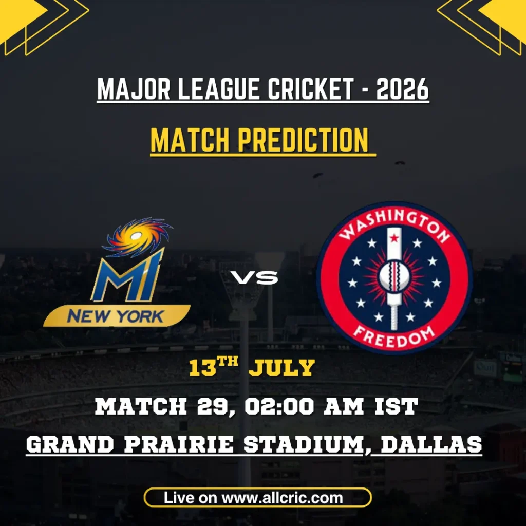 MINY vs WF today match prediction for MI New York vs Washington Freedom in Match 29 of MLC 2026 at Grand Prairie Stadium, Dallas, featuring match prediction, pitch report, toss prediction, and win prediction.