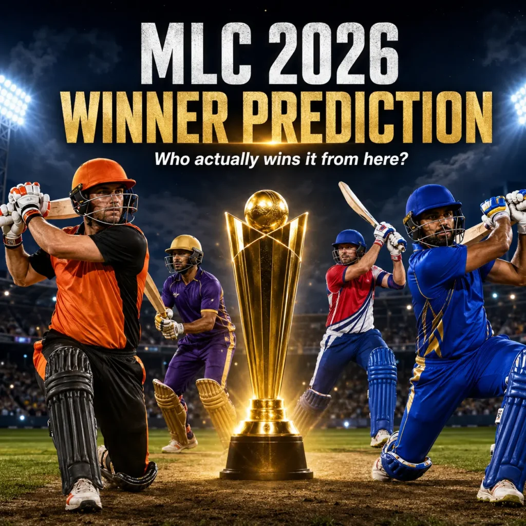 MLC 2026 winner prediction graphic featuring the championship trophy and four playoff contenders after the Major League Cricket league stage.