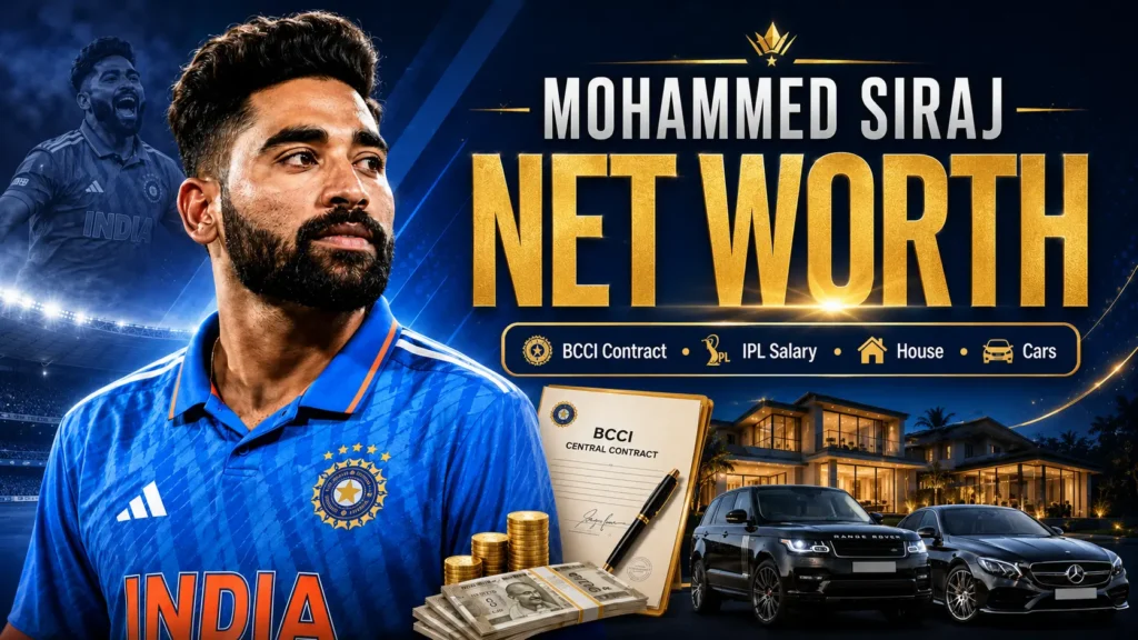 Mohammed Siraj net worth 2026 graphic featuring his BCCI contract, Gujarat Titans IPL salary, Hyderabad house and luxury cars.