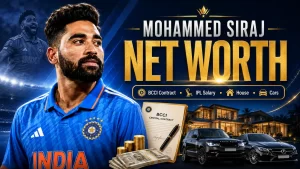 Mohammed Siraj net worth 2026 graphic featuring his BCCI contract, Gujarat Titans IPL salary, Hyderabad house and luxury cars.