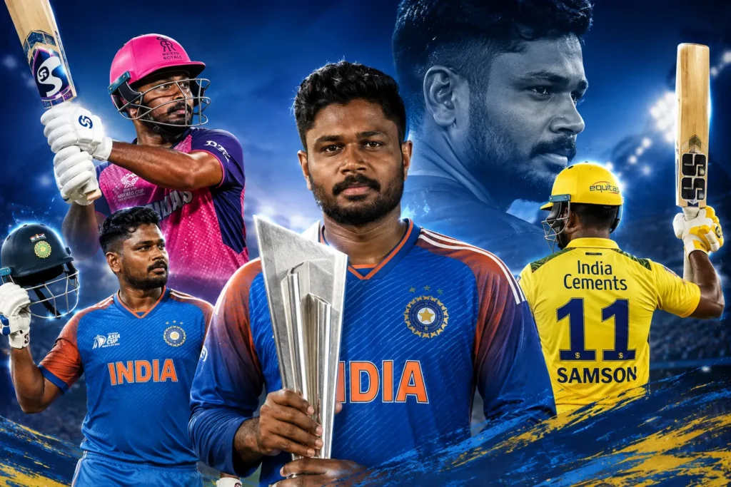 Sanju Samson career collage featuring India, Rajasthan Royals and Chennai Super Kings highlights with the T20 World Cup trophy.