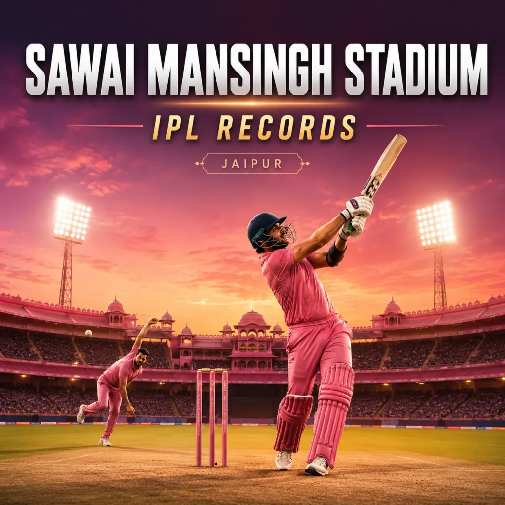 Sawai Mansingh Stadium IPL records graphic showing cricket action at the Jaipur venue, known for balanced conditions and a strong chasing advantage.