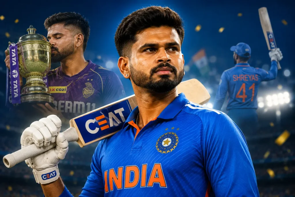 Shreyas Iyer in India jersey holding a cricket bat, with his KKR IPL 2024 trophy celebration and jersey number 41 in the background