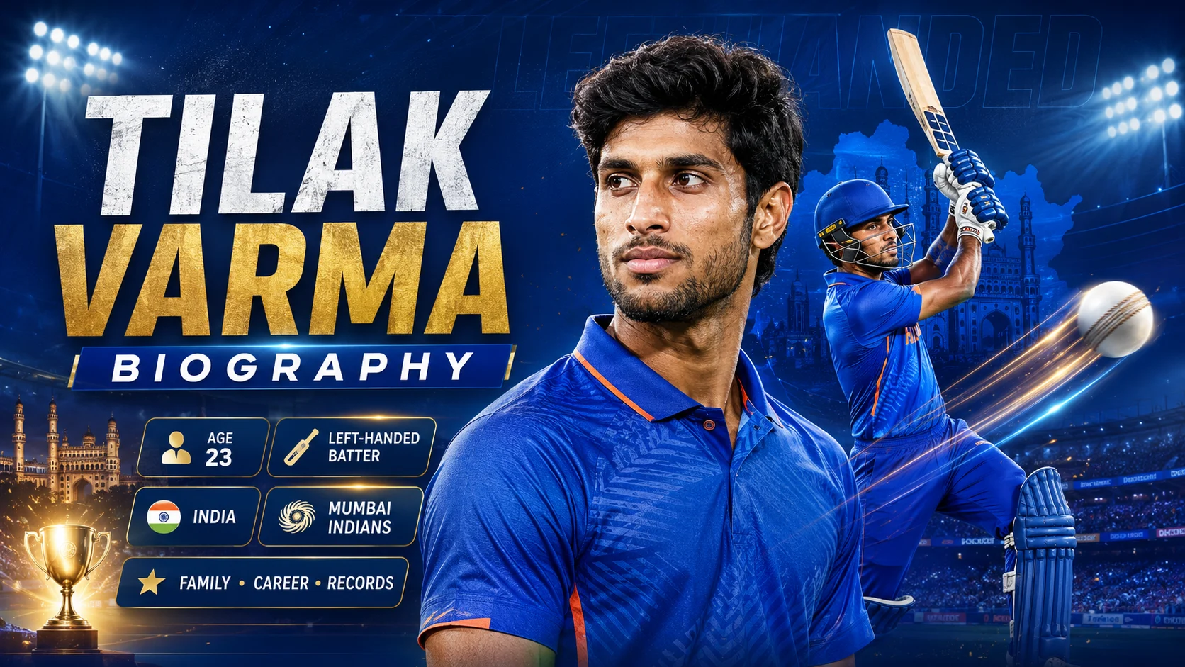 Tilak Varma biography graphic featuring the 23-year-old Indian left-handed batter in India colours, Mumbai Indians details and an action batting pose.