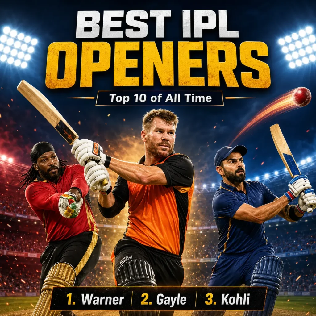Top 10 best IPL openers of all time featuring David Warner, Chris Gayle and Virat Kohli as the top three opening batters.