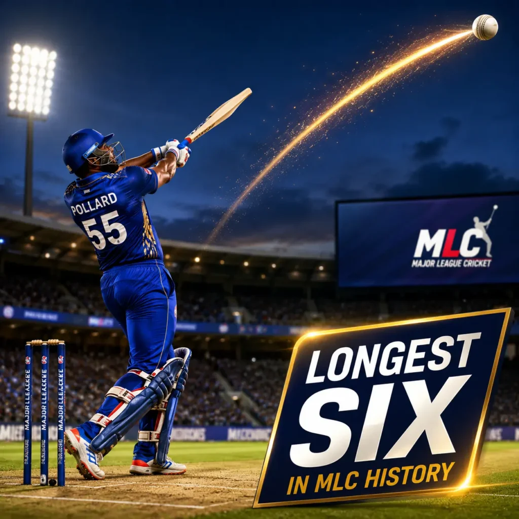 Kieron Pollard hitting the longest verified six in Major League Cricket history for MI New York, featuring the MLC longest six record and biggest sixes in MLC history.
