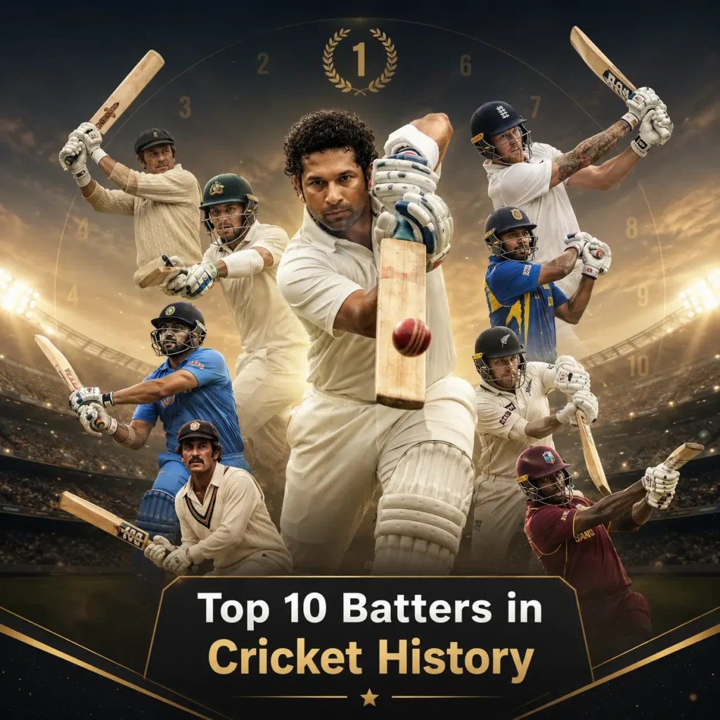 Top 10 batters in cricket history featuring Sir Donald Bradman, Sachin Tendulkar, Virat Kohli, Brian Lara, Kumar Sangakkara, Ricky Ponting, Jacques Kallis, Sunil Gavaskar, Steve Smith, and Sir Vivian Richards.