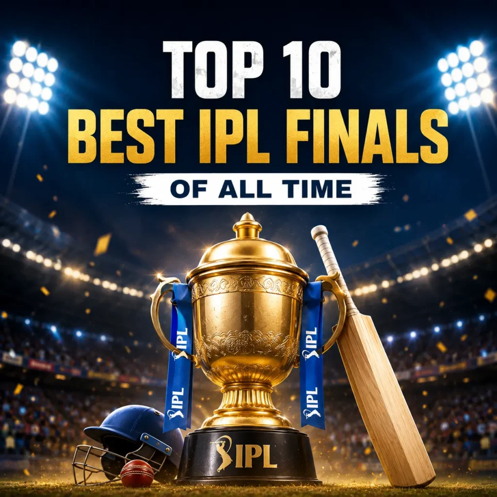 Top 10 best IPL finals of all time featuring the IPL trophy, cricket bat, helmet and a floodlit stadium.