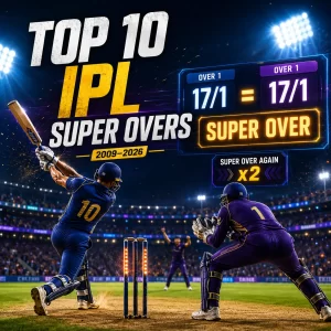 Top 10 IPL Super Overs in IPL history, featuring a dramatic double Super Over cricket match under stadium lights.