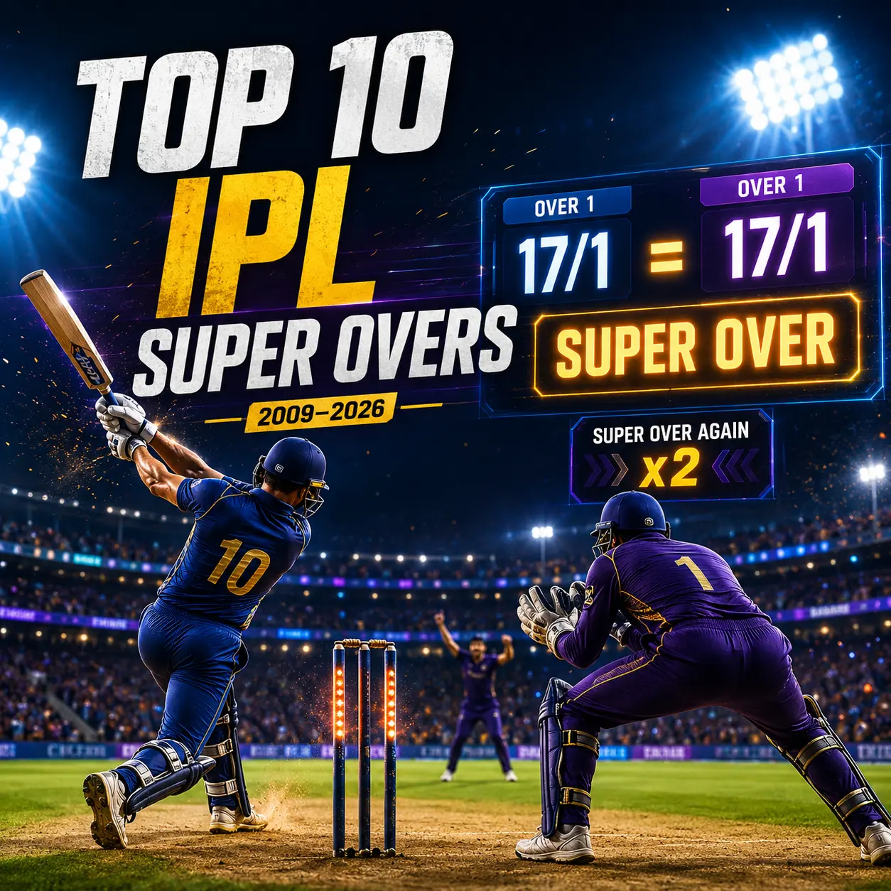 Top 10 IPL Super Overs in IPL history, featuring a dramatic double Super Over cricket match under stadium lights.