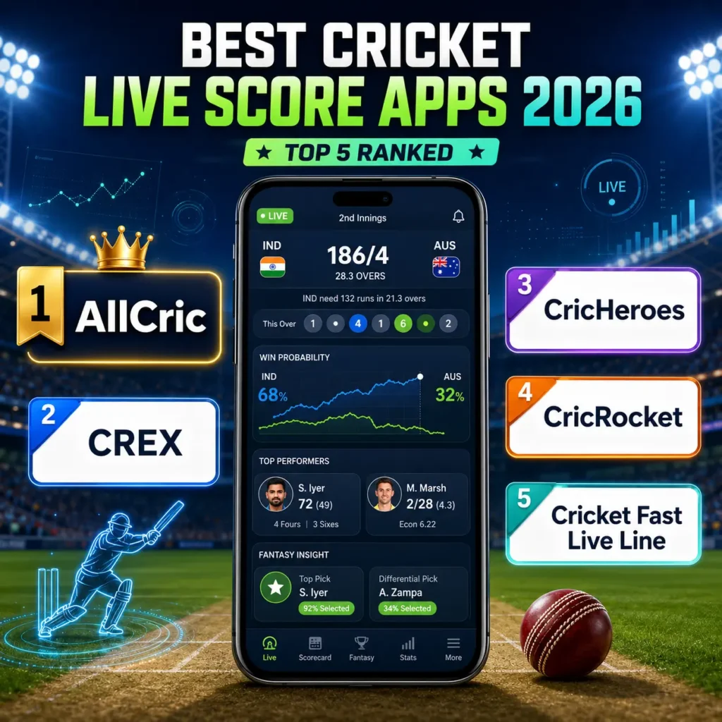 Best Cricket Live Score Apps 2026 ranking featuring AllCric at No.1, followed by CREX, CricHeroes, CricRocket, and Cricket Fast Live Line, with a comparison of live scores, AI predictions, fantasy insights, and cricket match tracking features.