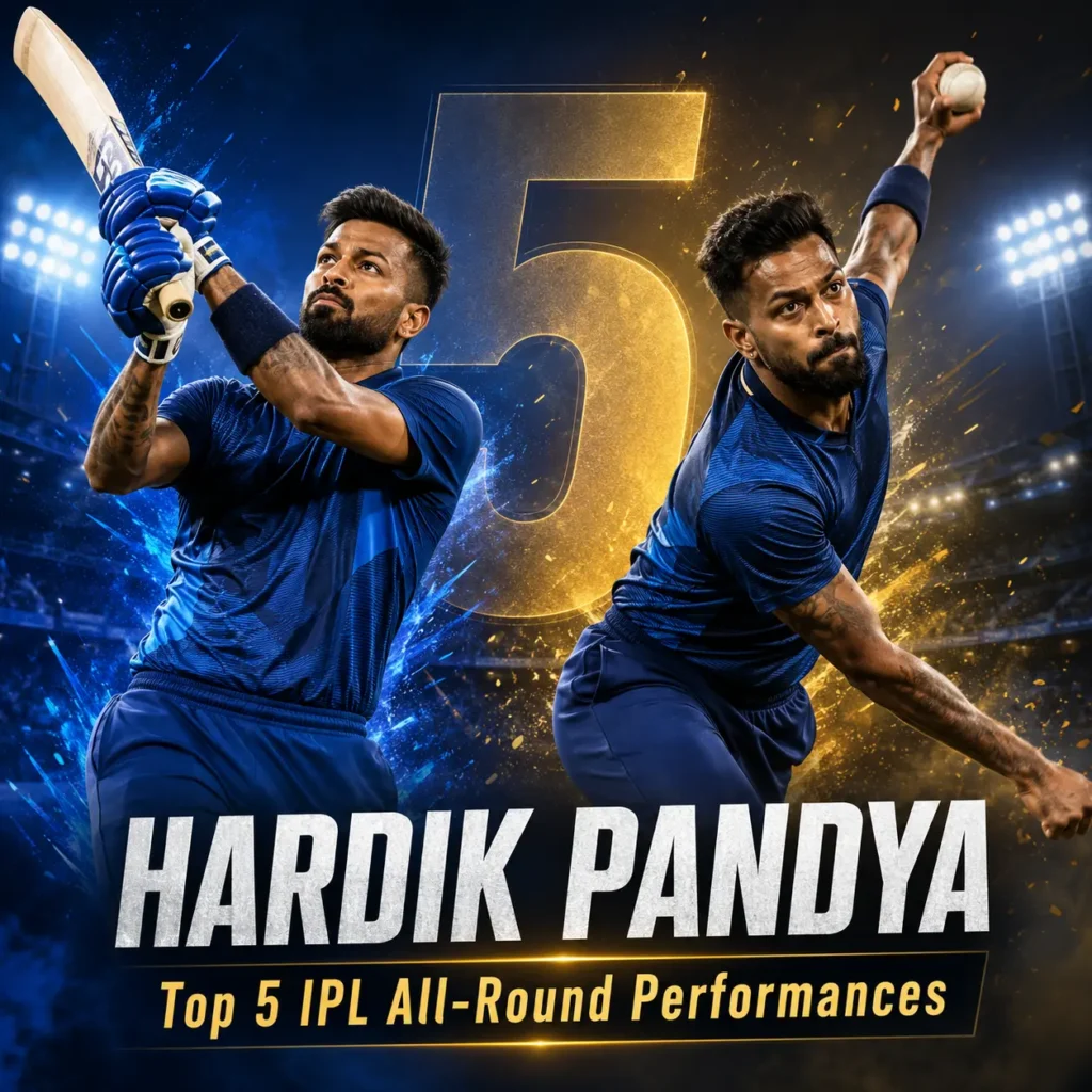 Hardik Pandya's top 5 IPL all-round performances featuring his best batting and bowling displays, including the 2022 IPL final heroics for Gujarat Titans and memorable Mumbai Indians performances.