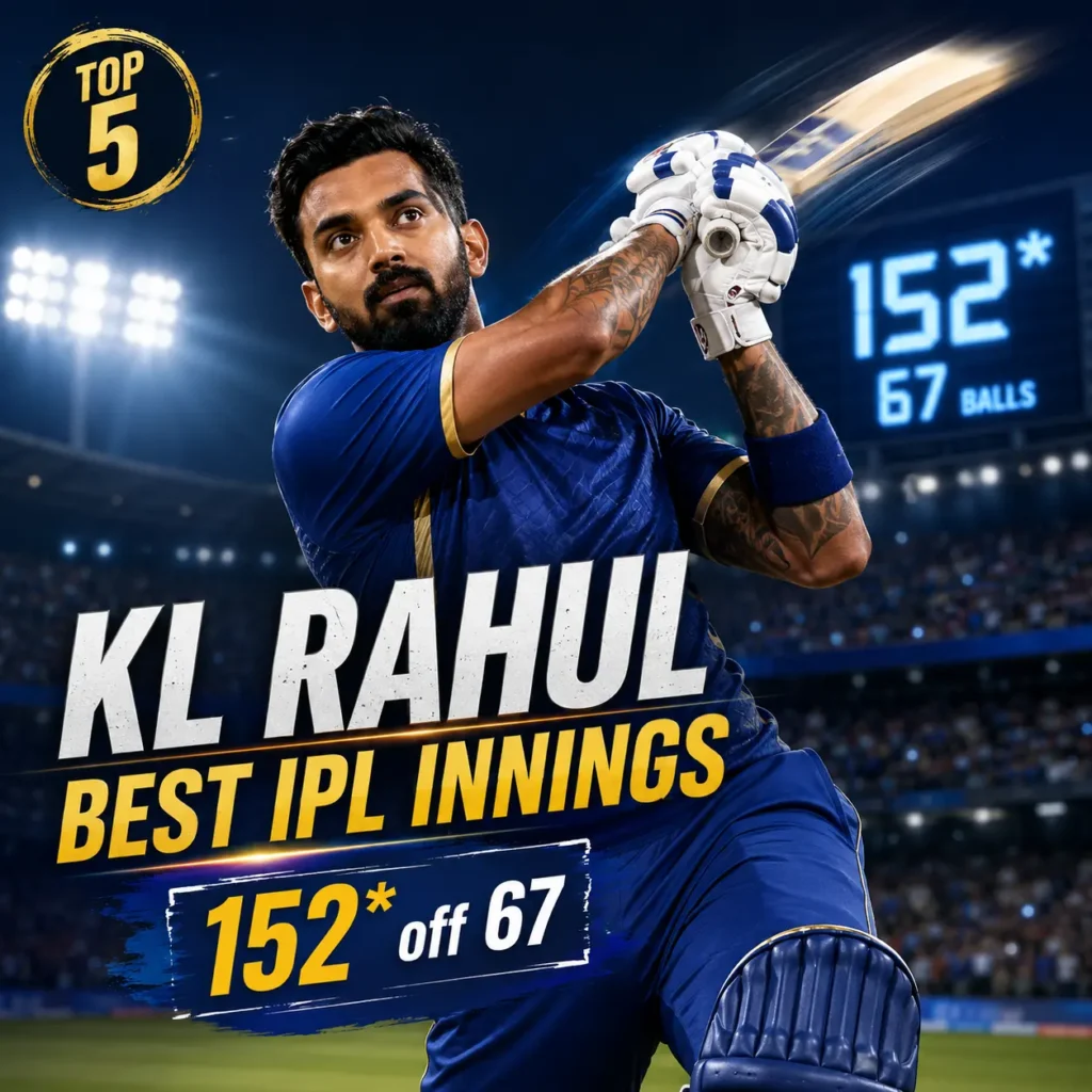 KL Rahul best IPL innings graphic featuring his 152* off 67 balls against Punjab Kings in IPL 2026, ranked No. 1 among his top five IPL knocks.