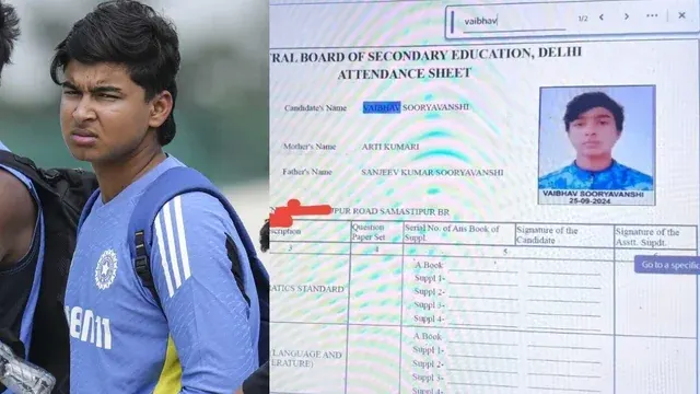 Vaibhav Sooryavanshi pictured beside a school attendance sheet showing his educational details.