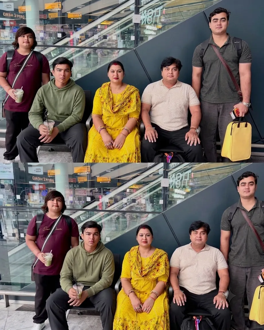 Vaibhav Sooryavanshi poses with his family near an escalator inside an airport terminal.
